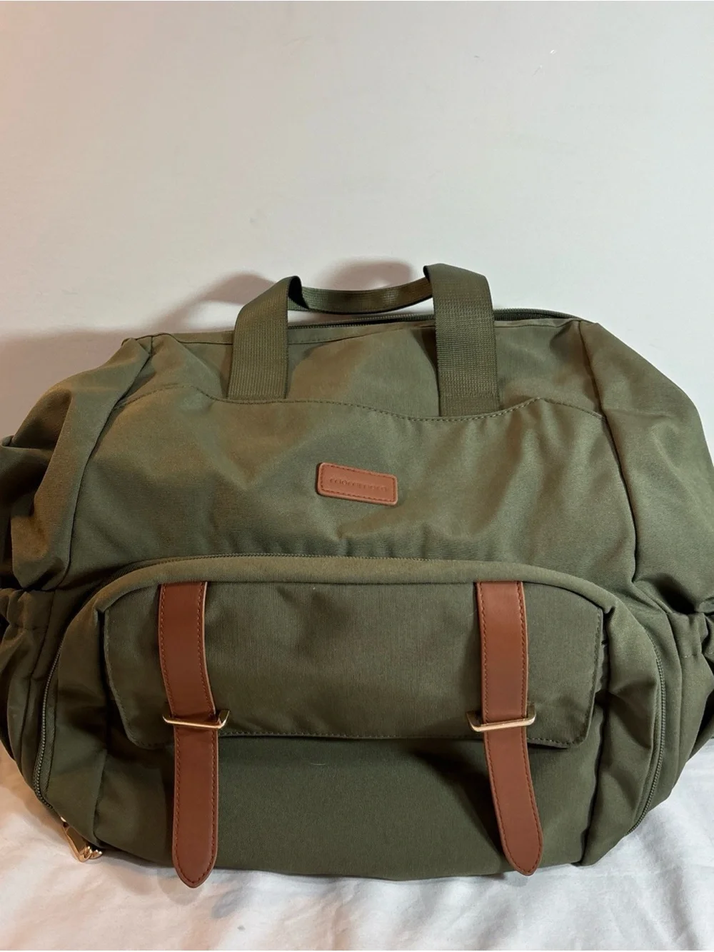 Mommore Brand Olive Green Canvas Travel Backpack with Brown Trim